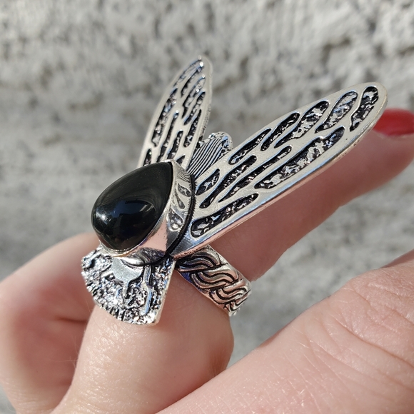 New Black Onyx Flying Insect Silver Ring. - Picture 13 of 15
